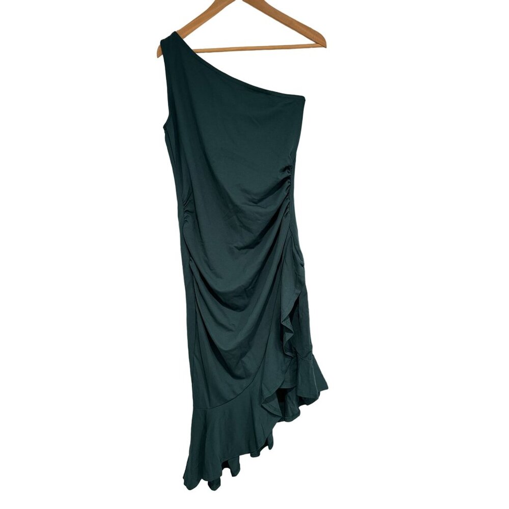 HUHOT Womens Ruched Hide Belly Fat Sleevless One Shoulder Green Dress Large New